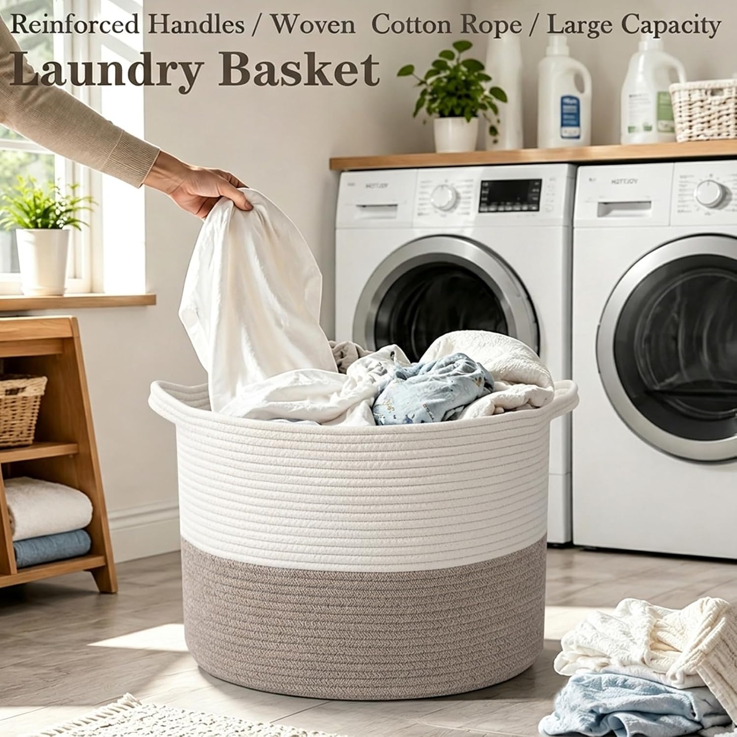 Thumbnail 4 de HZFTJOY 65L Large Blanket Basket (19.7 in x 19.7 in x 13 in) Rope Woven Storage Bin with Handles