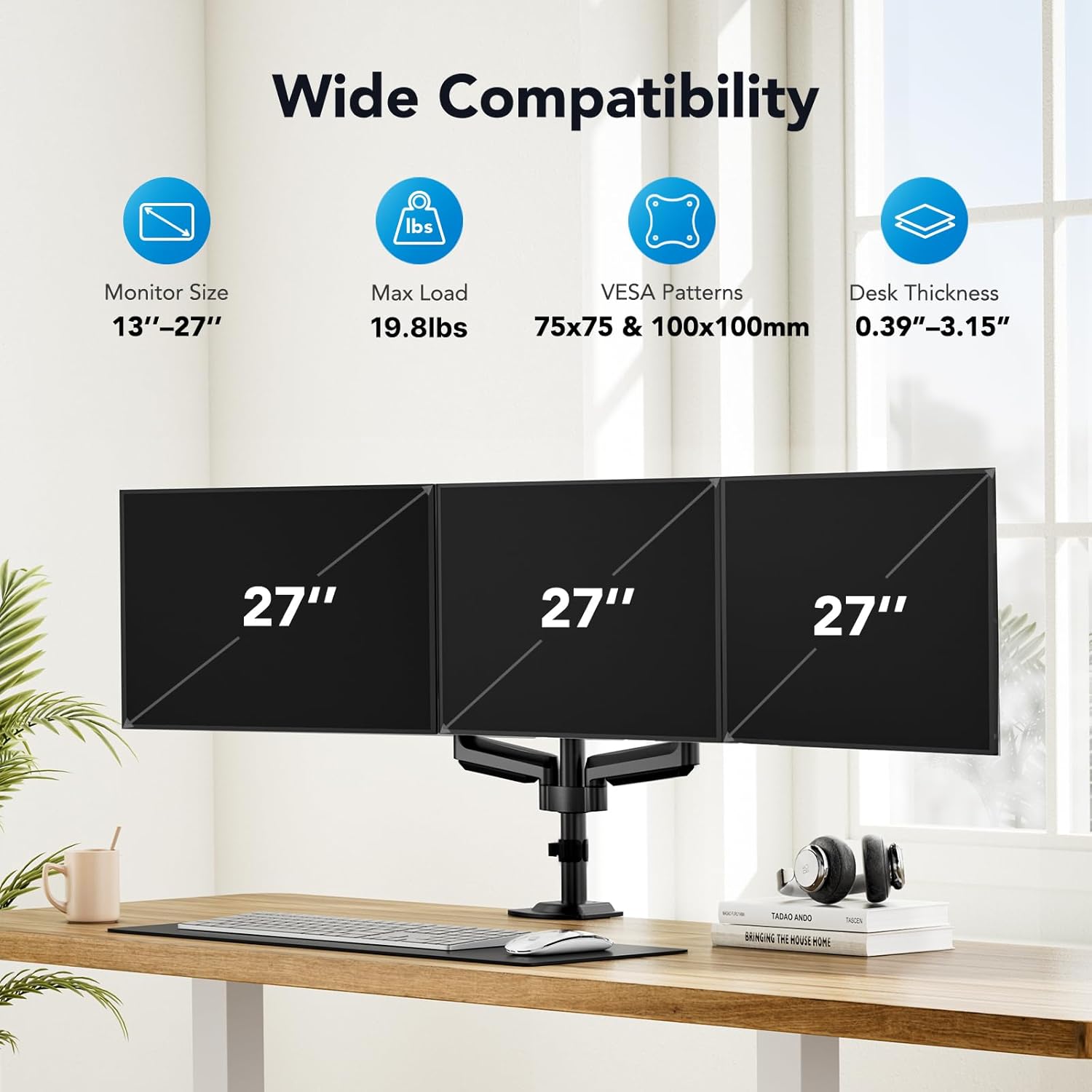 Detalle 2 de HUANUO Monitorhalterung 3 Monitore für 13–27 Zoll – Gasfederarm, 8 kg je Arm, VESA 75x75/100x100