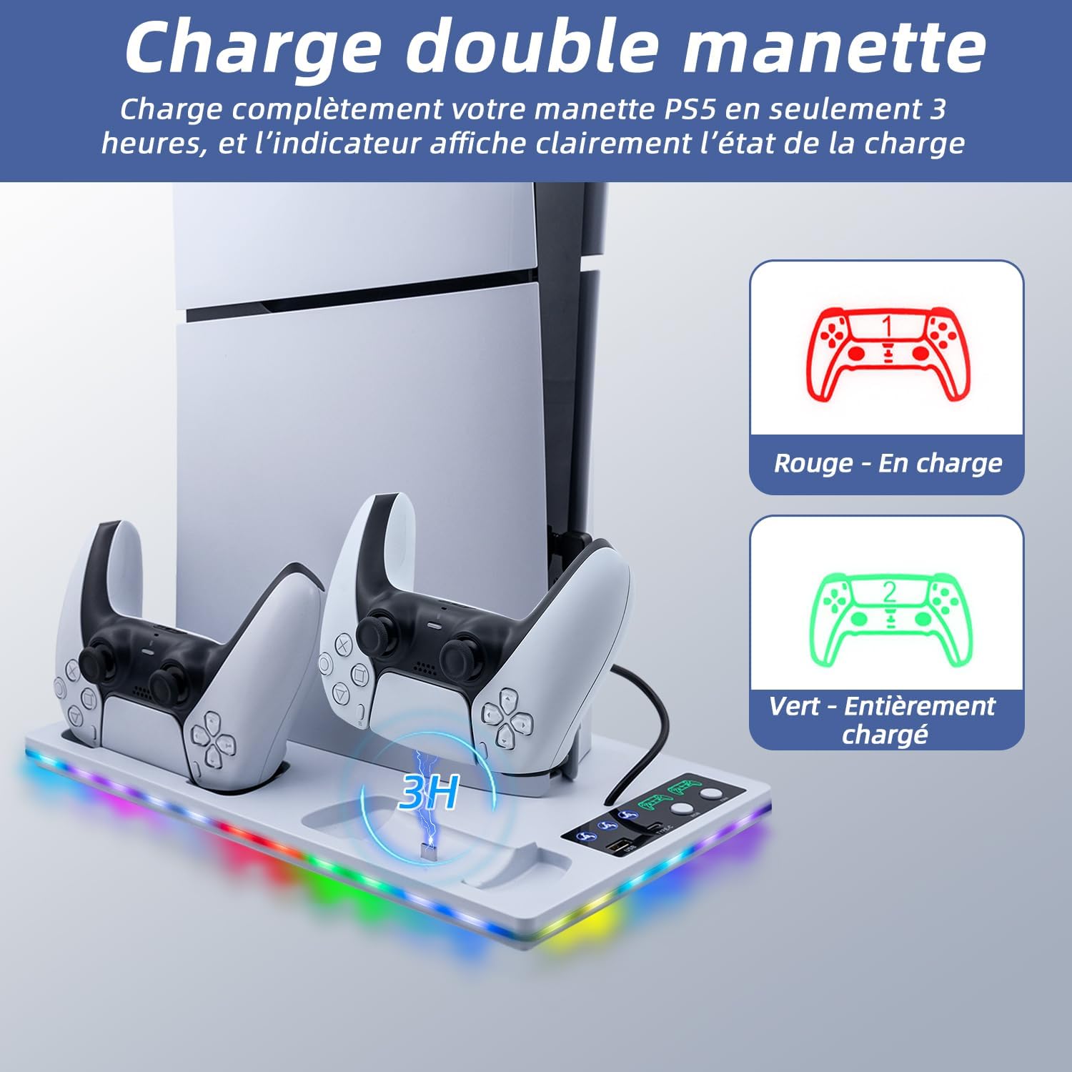 Thumbnail 6 de Station de refroidissement Wigearss pour PS5 (PS5 Slim & PS5 Pro) avec ventilateur, double chargeur de manettes et RGB