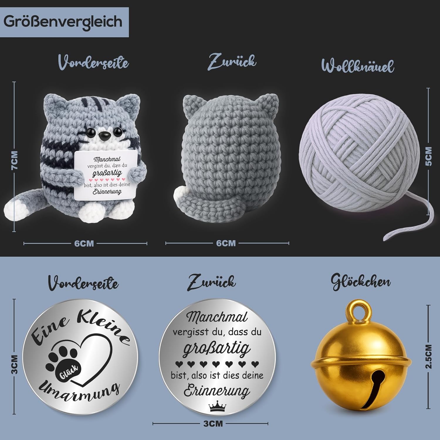 Detalle 2 de Tixlux Pocket Hug Positive Katze – handgemachte Strickfigur mit Glücksbringer, kleines Mutmacher-Geschenk