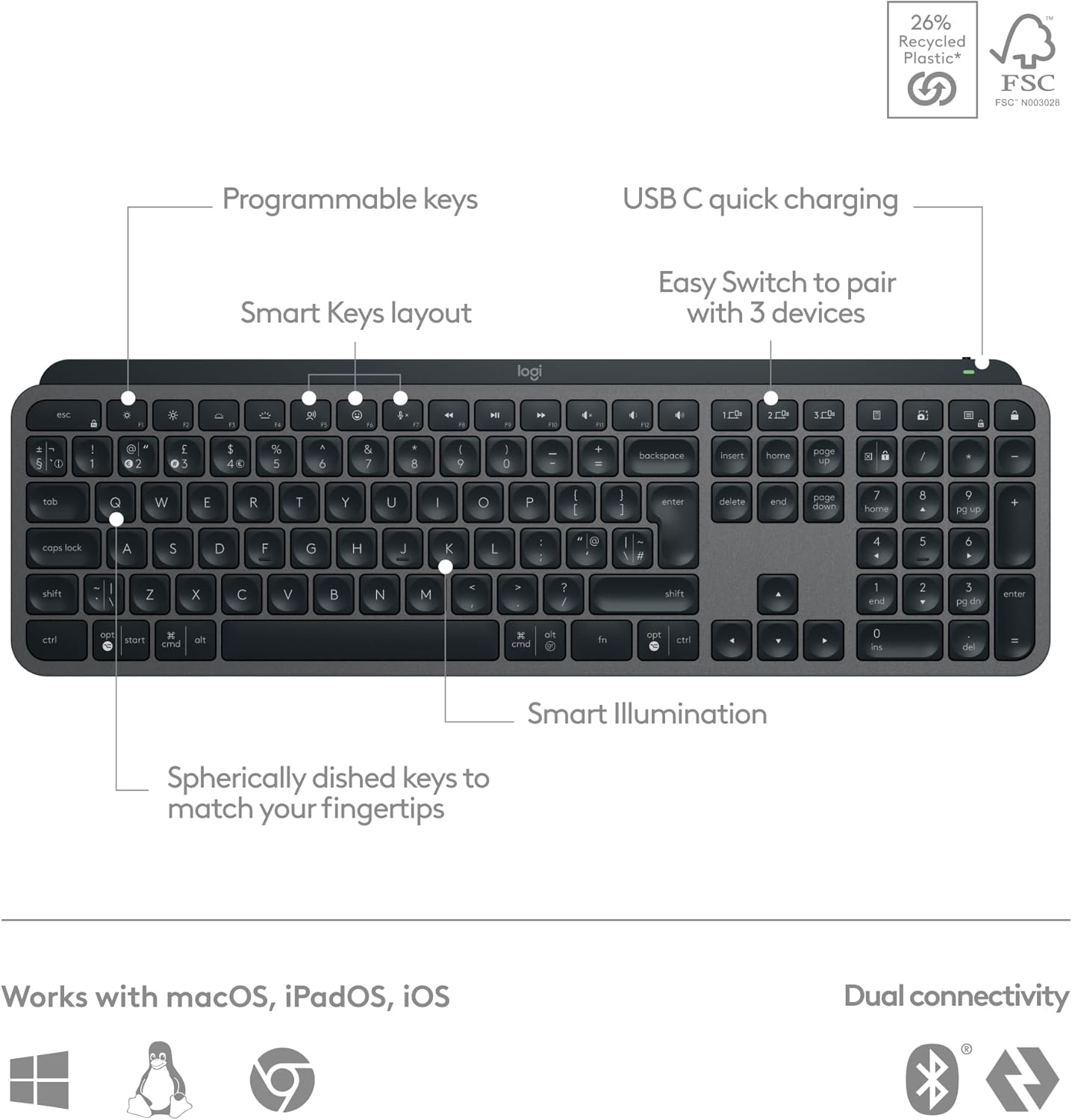 Thumbnail 6 de Logitech MX Keys S Programmable Wireless Bluetooth Keyboard - Graphite