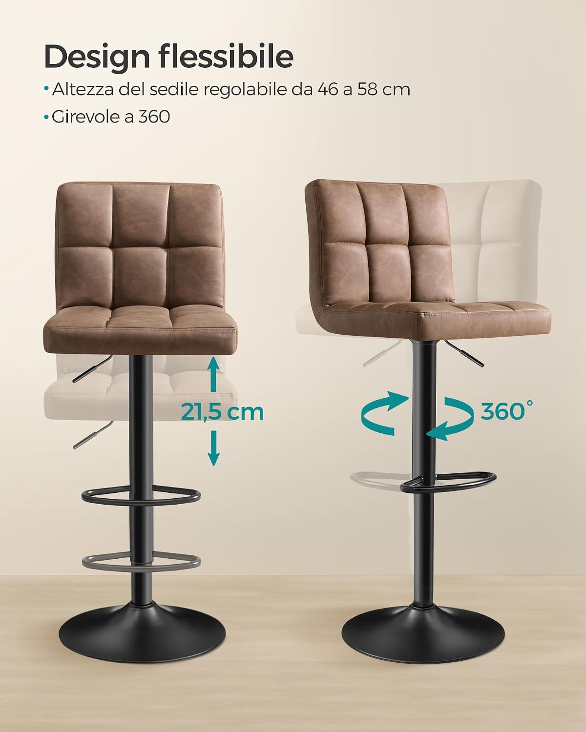 Thumbnail 5 de SONGMICS Set da Bar con 2 Sgabelli Girevoli Regolabili in Altezza LJB064K02 – Sedie da Cucina con Schienale e Poggiapiedi (Marrone Noce)