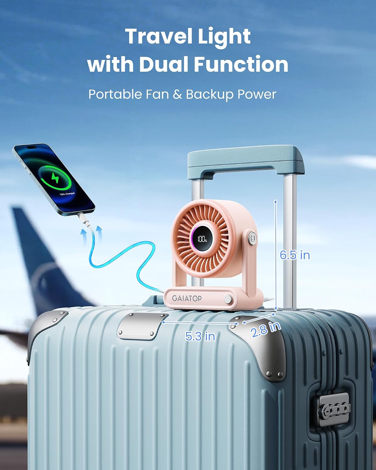 Detalle de Gaiatop Rechargeable Desk Fan with Power Bank and RGB Ring — 6000mAh, Quiet 5-Speed