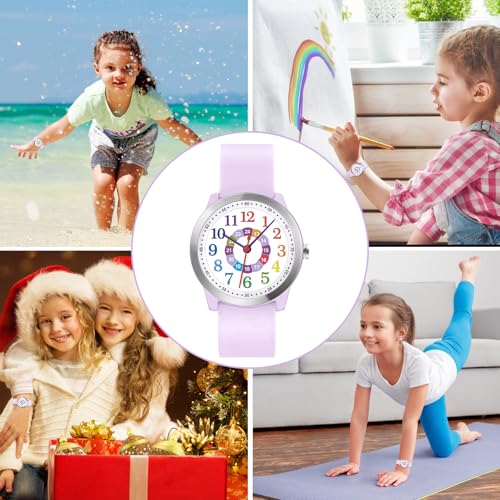 Thumbnail 6 de SOCICO Kinderuhr Analoguhr – Wasserfest bis 50 m, Silikonband, violett Regenbogen, QT-Kernuhrwerk aus Japan