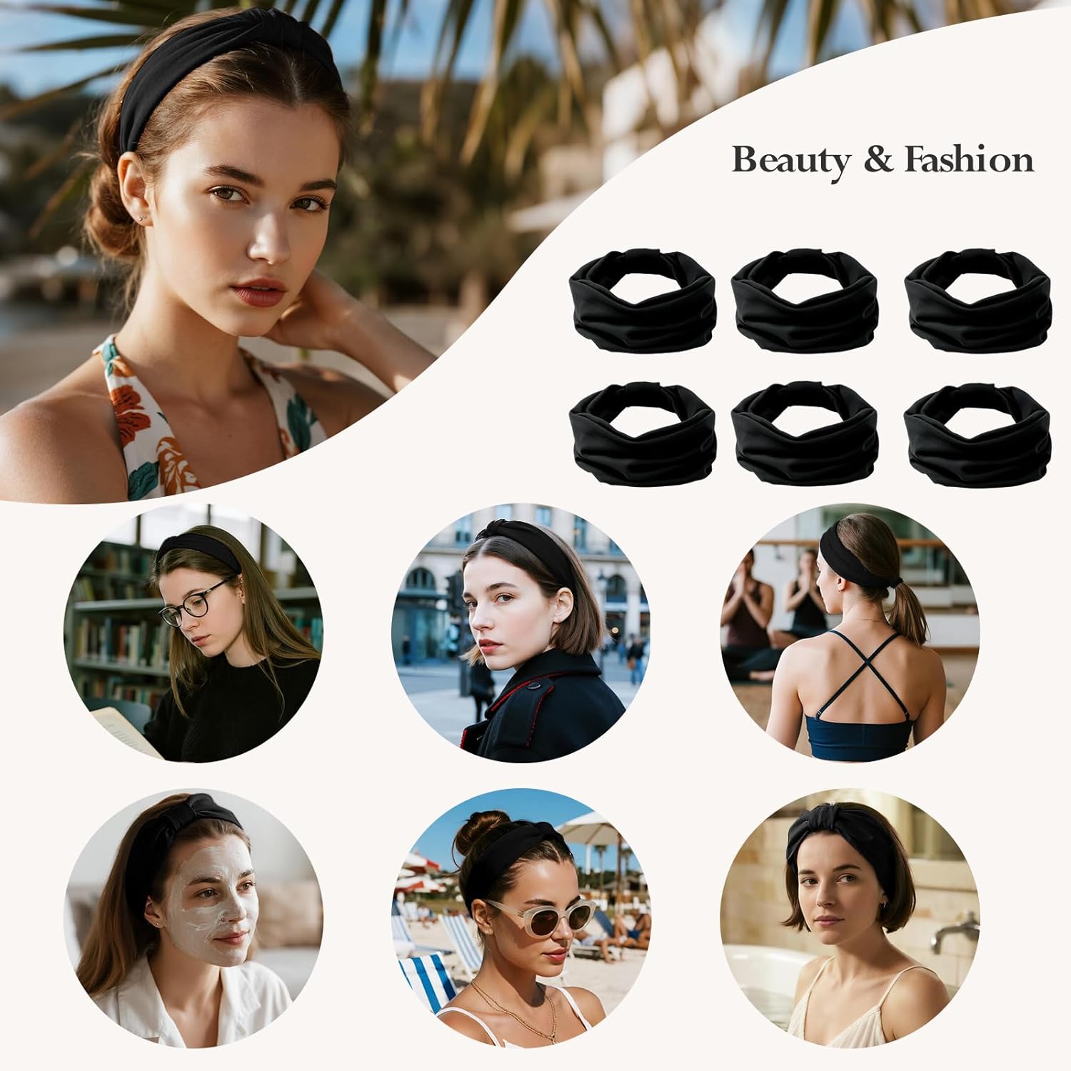 Detalle 2 de HSEM Wide Elastic Knotted Headbands (6-Pack, Black) for Women