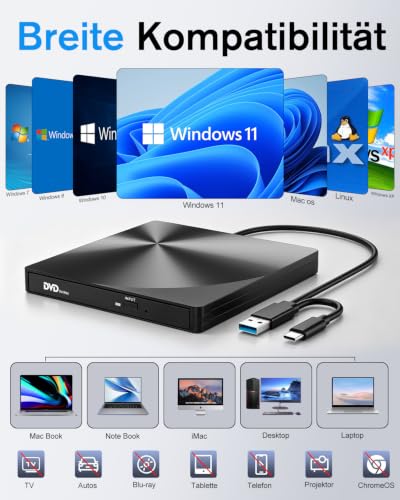 Thumbnail 4 de varkda Externes CD/DVD Laufwerk USB 3.0 & USB-C Brenner – kompakter Allrounder für Laptop, PC & Mac
