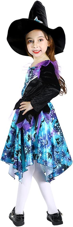 Detalle de SPUNICOS Sparkle Witch heksenkostuum met blauwe glitterrok en hoed, 5-6 jaar