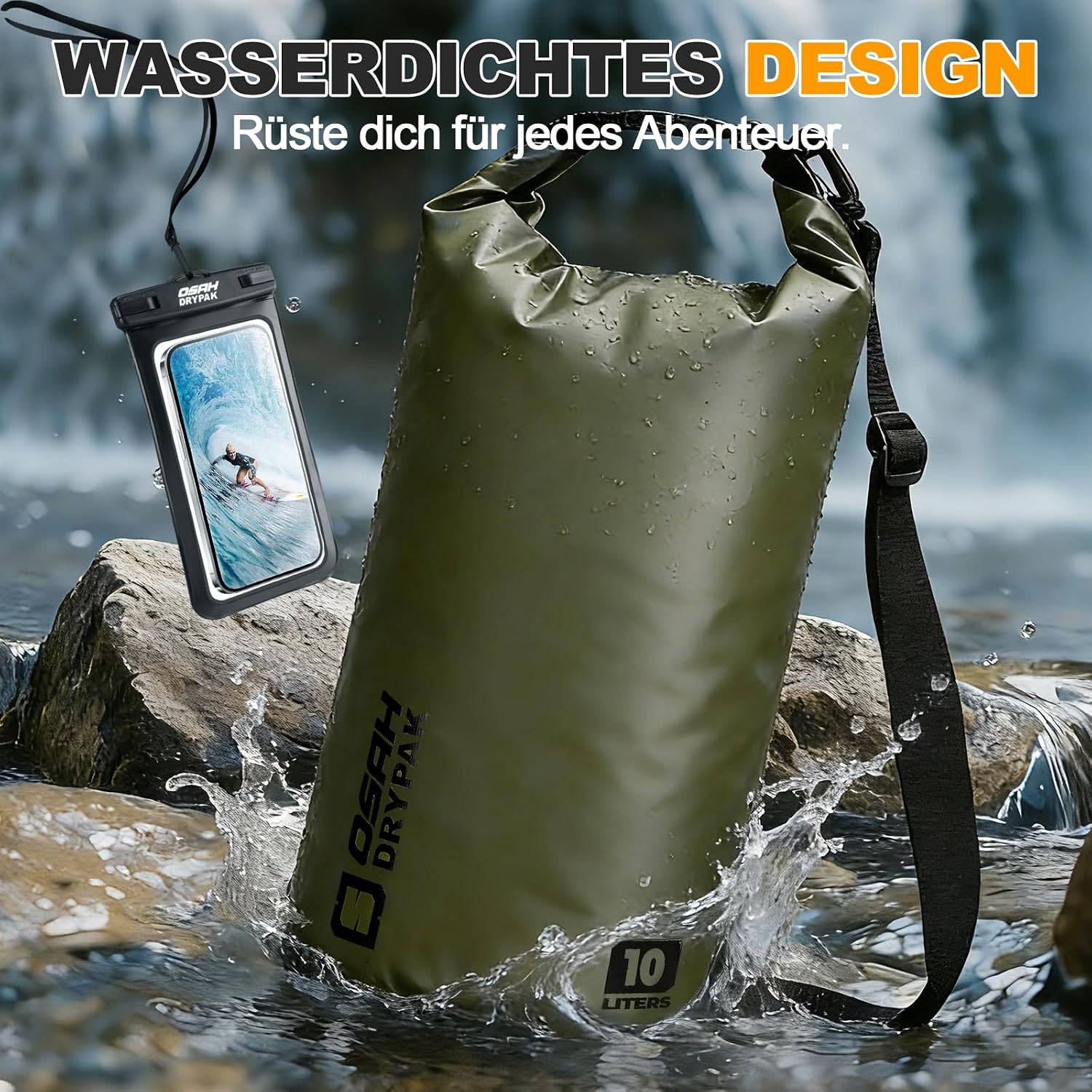 Detalle de OSAH DRYPAK Dry Bag: Wasserdichte Beutel mit Schultergurt und IPX8-Hülle für Kajak, Camping und Co. 5–55L