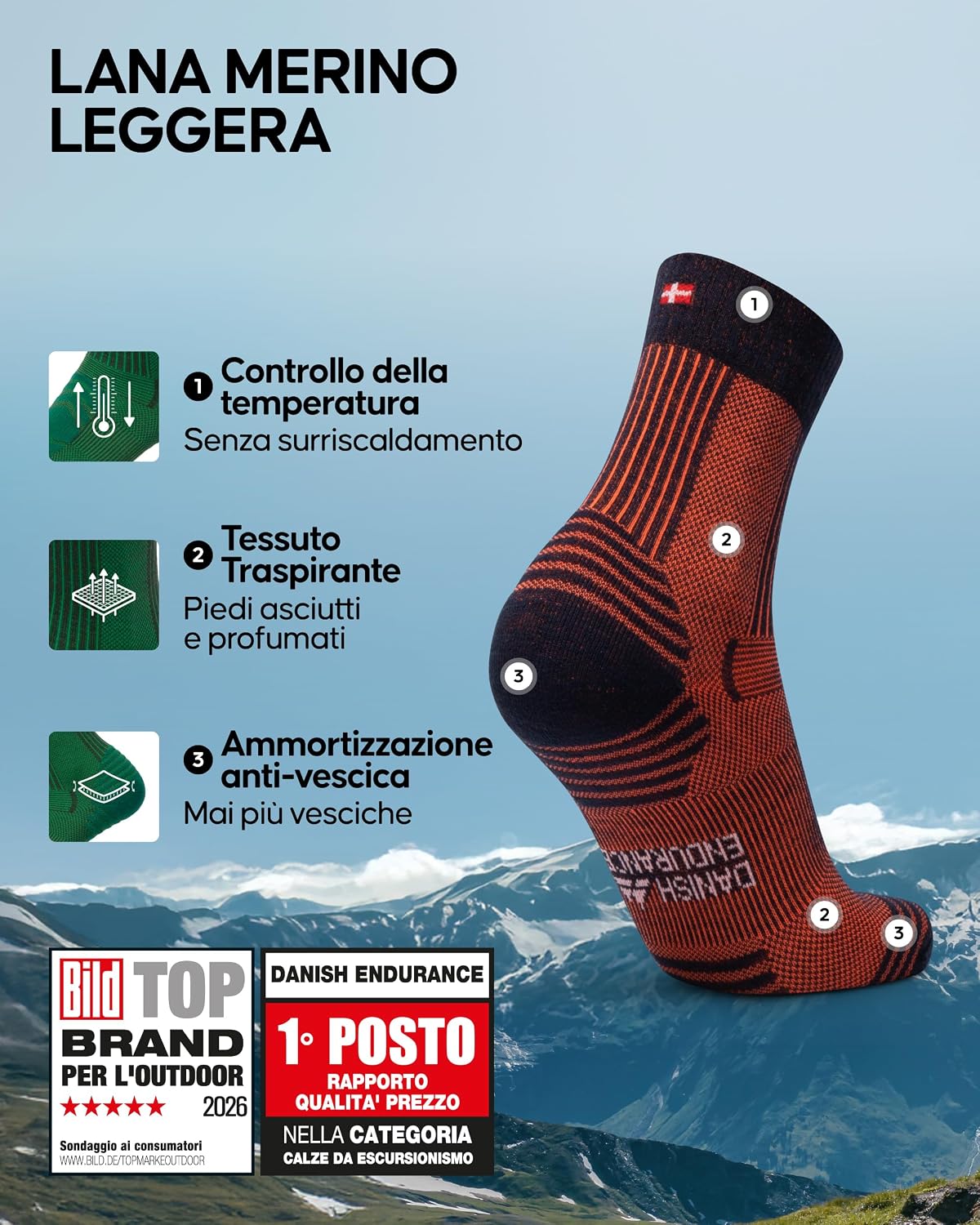 Detalle 2 de DANISH ENDURANCE Calze Trekking Leggere in Lana Merino – traspiranti, antibatteriche e anti-vesciche (1 o 5 paia)