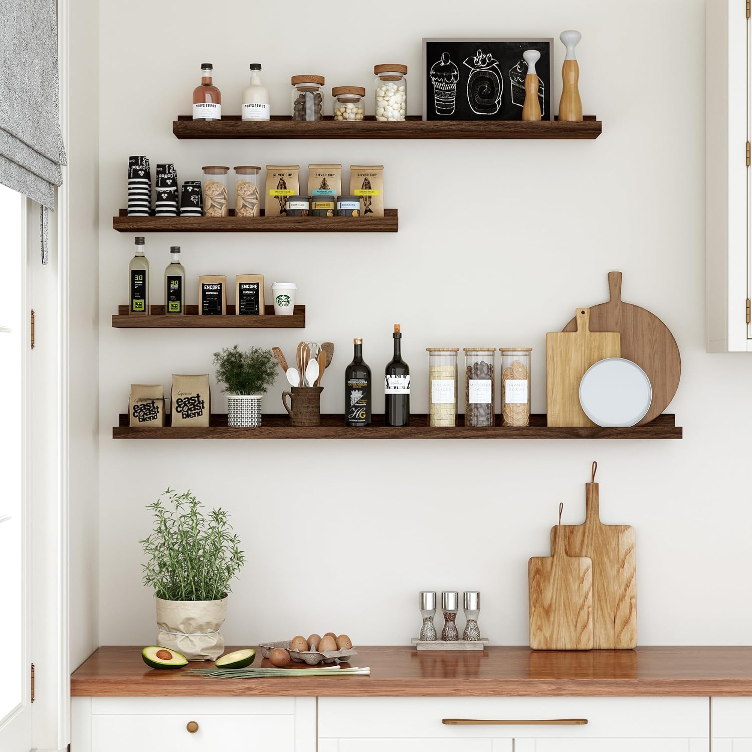 Detalle 2 de Floating Shelves Set of 2, 90 cm Walnut Floating Shelves with Ledge (Wall-Mounted)