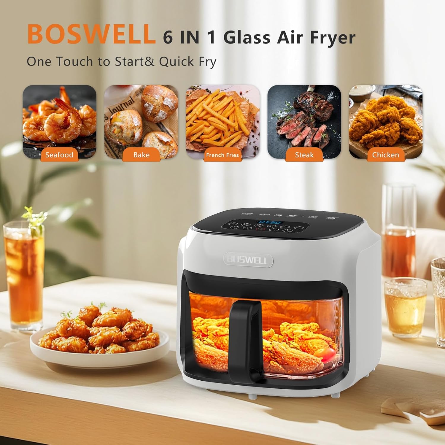 Thumbnail 1 de BOSWELL Glass Air Fryer (7.5QT) with Transparent Fry Bowl, 1800W Rapid Heating, Dishwasher-Safe Design (White)