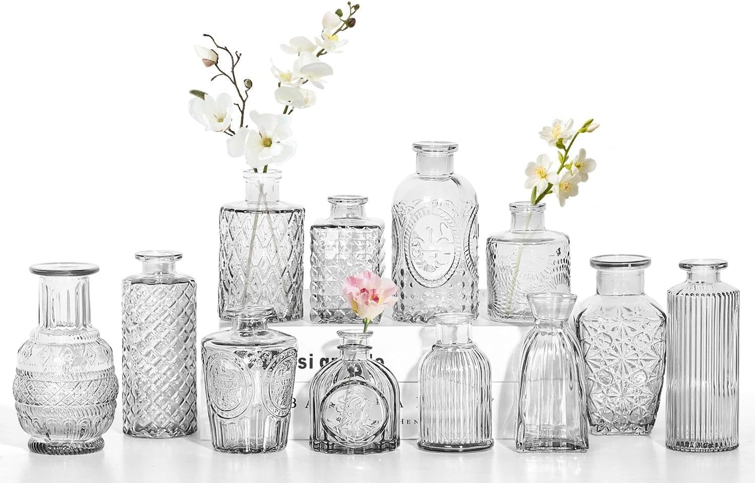 Sawoake 12pcs Mini Bud Vases Set — Vintage Clear Glass Centerpieces for Weddings and Events
