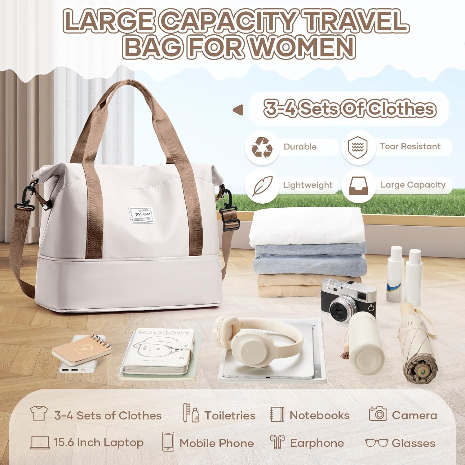 Detalle de SEAFEW Reisetasche Damen 40x30x20 – Wasserdichte Sporttasche mit separatem Nassfach, 35 L, Weekender & Travel Duffle