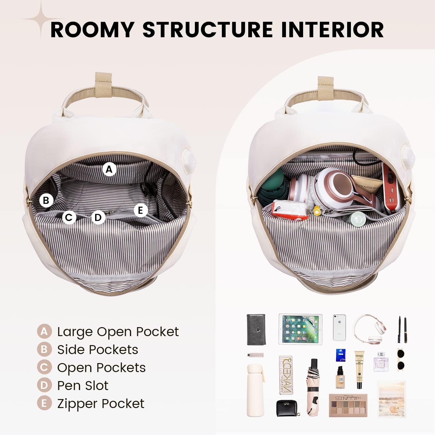 Detalle 2 de LOVEVOOK Zaino da donna impermeabile 2 in 1 con porta USB – verde/beige, 13,3 pollici