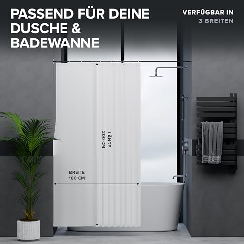 Detalle de ovimar Magnetischer Duschvorhang Langfossen 180 x 200 cm – weiß, waschbar, schnelltrocknend, Anti-Schimmel mit Magnetleiste und Ringset