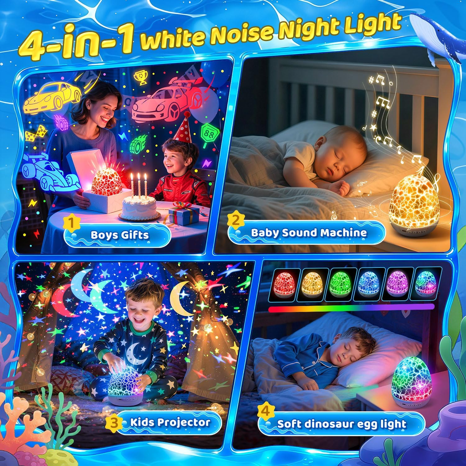 Thumbnail 1 de Toy Cars Projector Egg Shaped Night Light with 6HD Films, Sounds, 31 Colors, Remote, and 360° Rotation