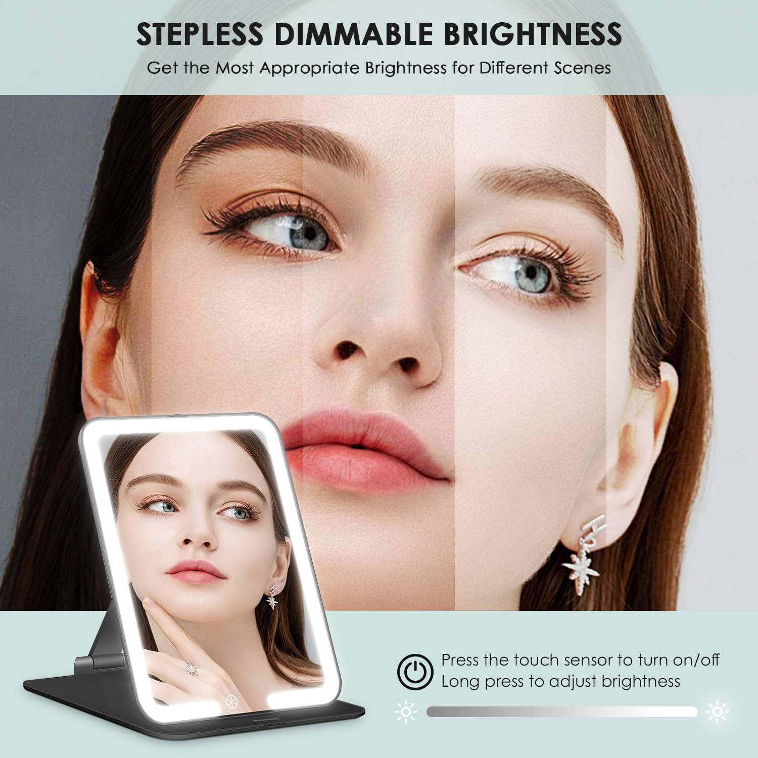 Detalle de Auxmir LED Travel Makeup Mirror with Lights – Portable, Rechargeable and Dimmable