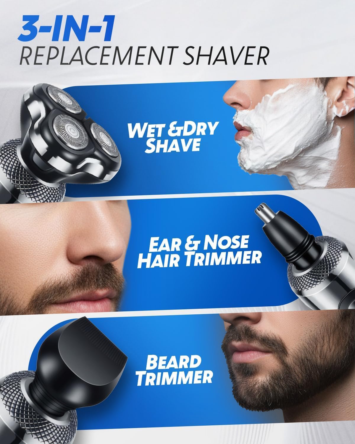 Detalle 2 de Rantizon 3-in-1 Electric Razor for Men: Beard, Nose & Sideburn Trimmer (IPX7, Turbo LED)