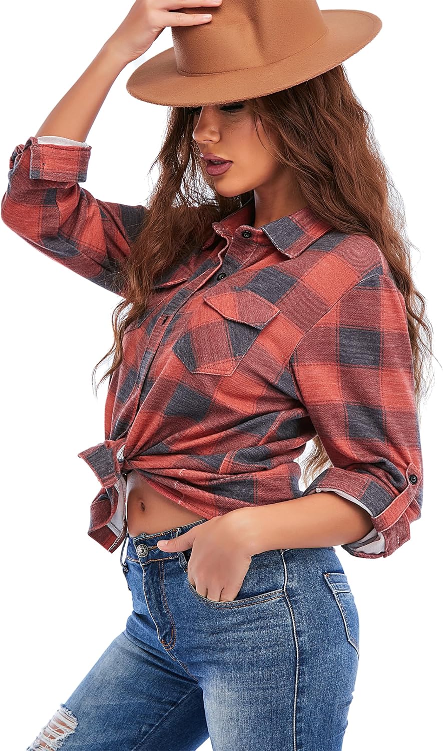 Detalle 2 de Timuspo geruite flanellen hemdblouse voor dames met knoopsluiting en V-hals