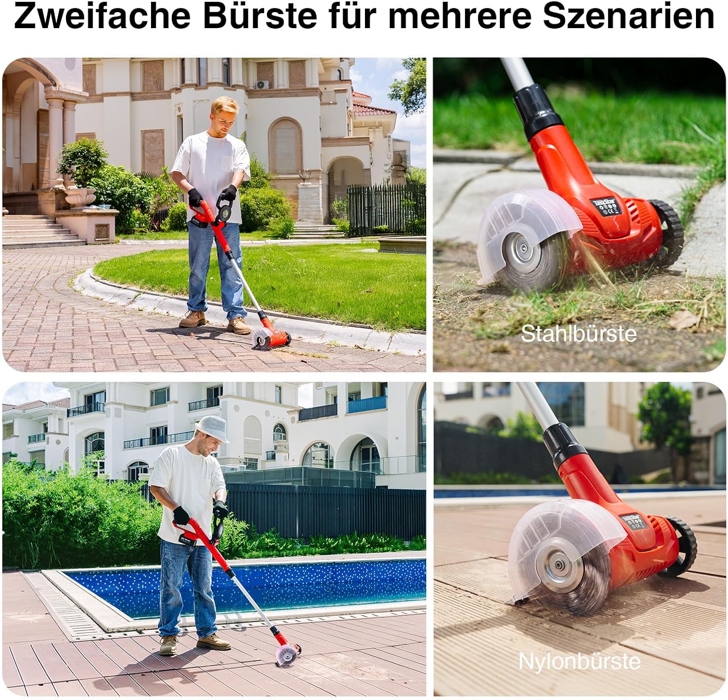 Detalle de Akku Fugenreiniger 21V Unkrautbürste – kabellos, verstellbarer Stiel, inkl. 3 Stahldraht- und 1 Nylonbürste