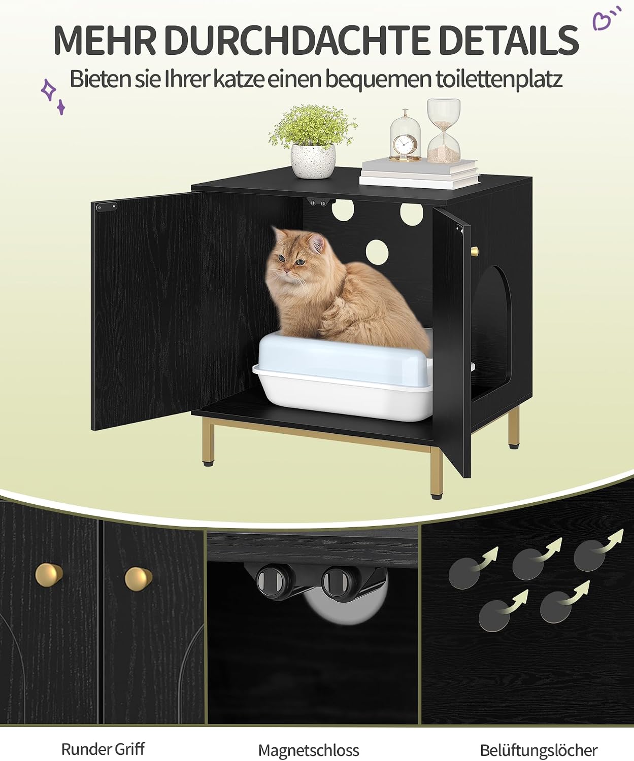 Detalle de Hzuaneri Katzenschrank CB81204G – Katzentoilette, Katzennest & Beistelltisch in Schwarz/Gold