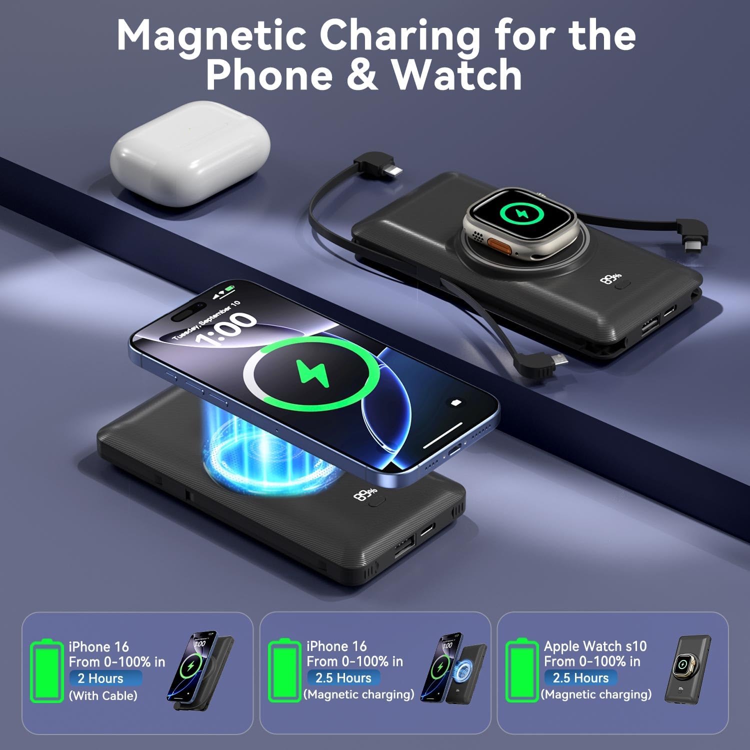 Thumbnail 1 de LUCKYFELLOW PB180W 10,000mAh Wireless Power Bank with Built-In Cables