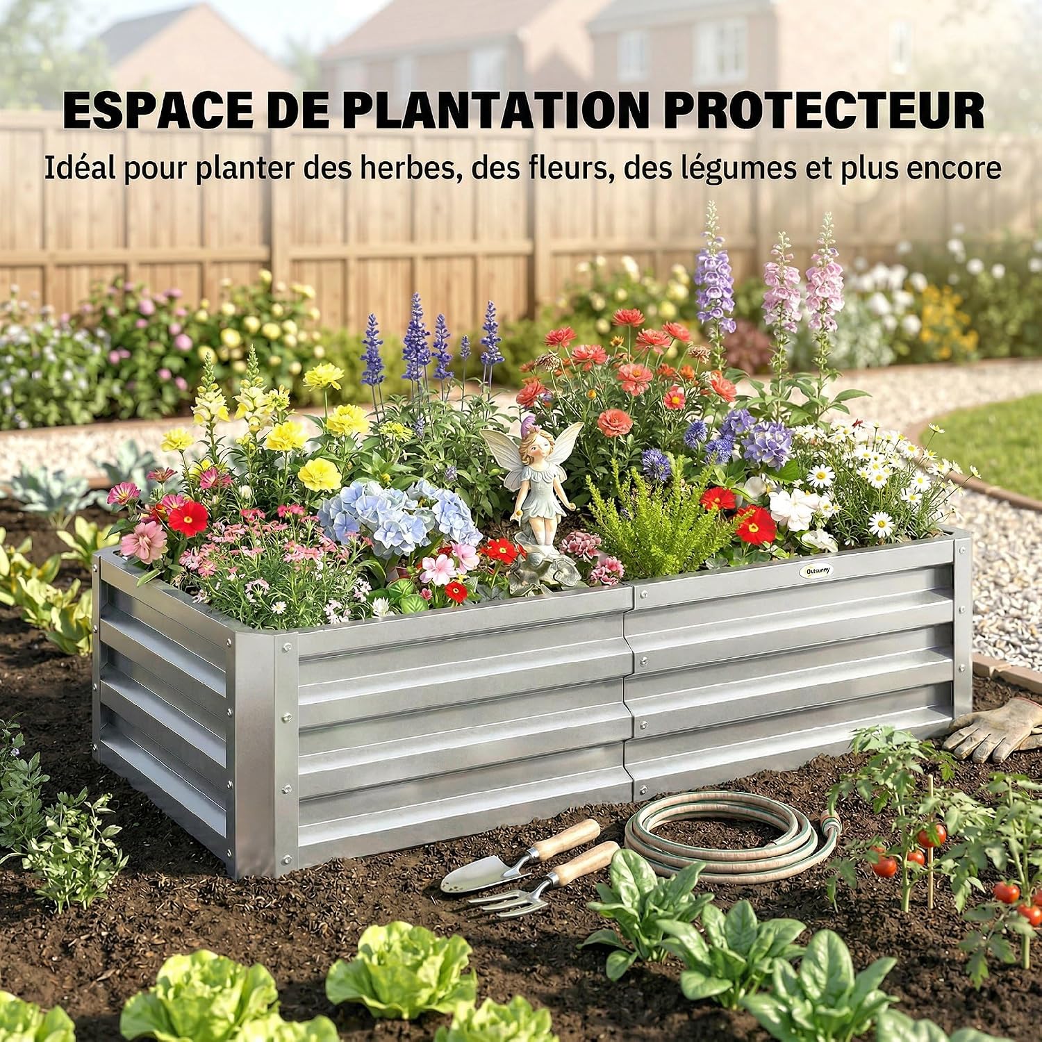 Detalle de Outsunny 845-039V01SR verhoogde plantenbak van verzinkt staal, 120 x 60 x 30,5 cm