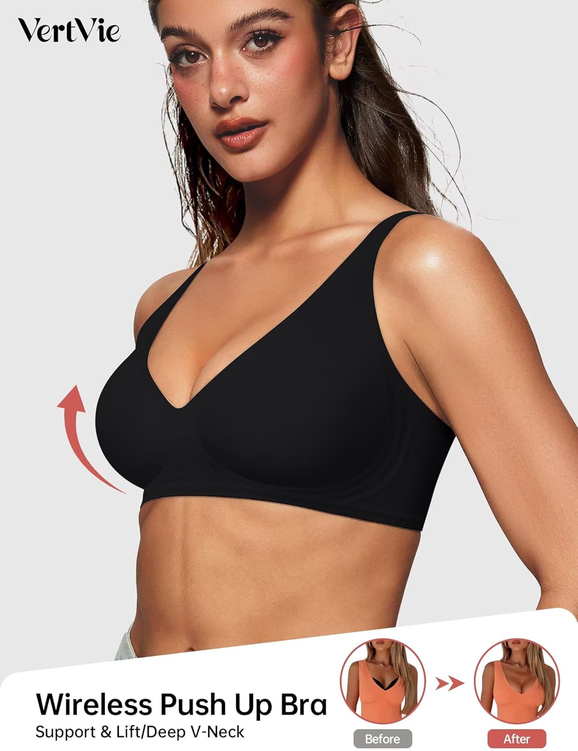 Detalle de Vertvie Jelly Wireless Push Up Plunge Seamless T-Shirt Bra (No Underwire, Full Coverage)