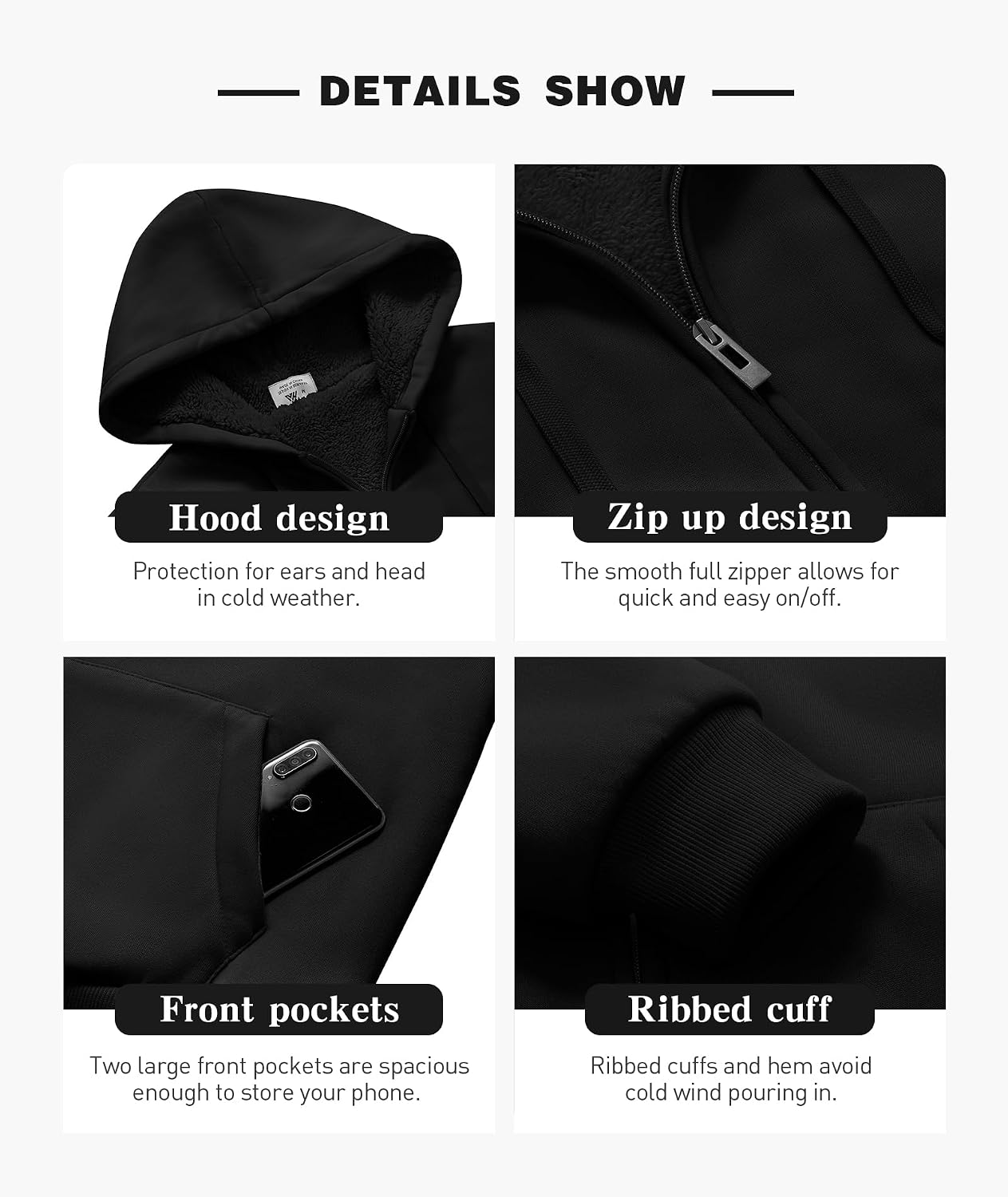 Detalle 1 de ZITY Men's Zip-Up Hoodie, Sherpa-Lined