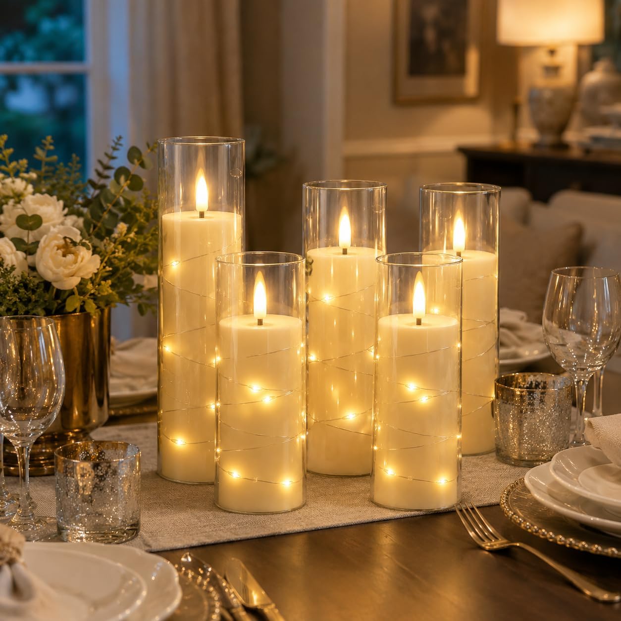 Detalle de Da by 5 Candele LED Avorio con Luci Fatate – 5 pezzi con telecomando, vetro trasparente e fiamma tremolante