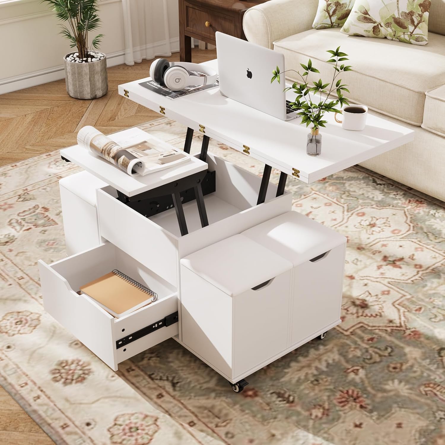 Detalle de VOWNER Table Basse Relevable 3 en 1 avec tiroir et 4 tabourets (blanc) — transformable en table à manger