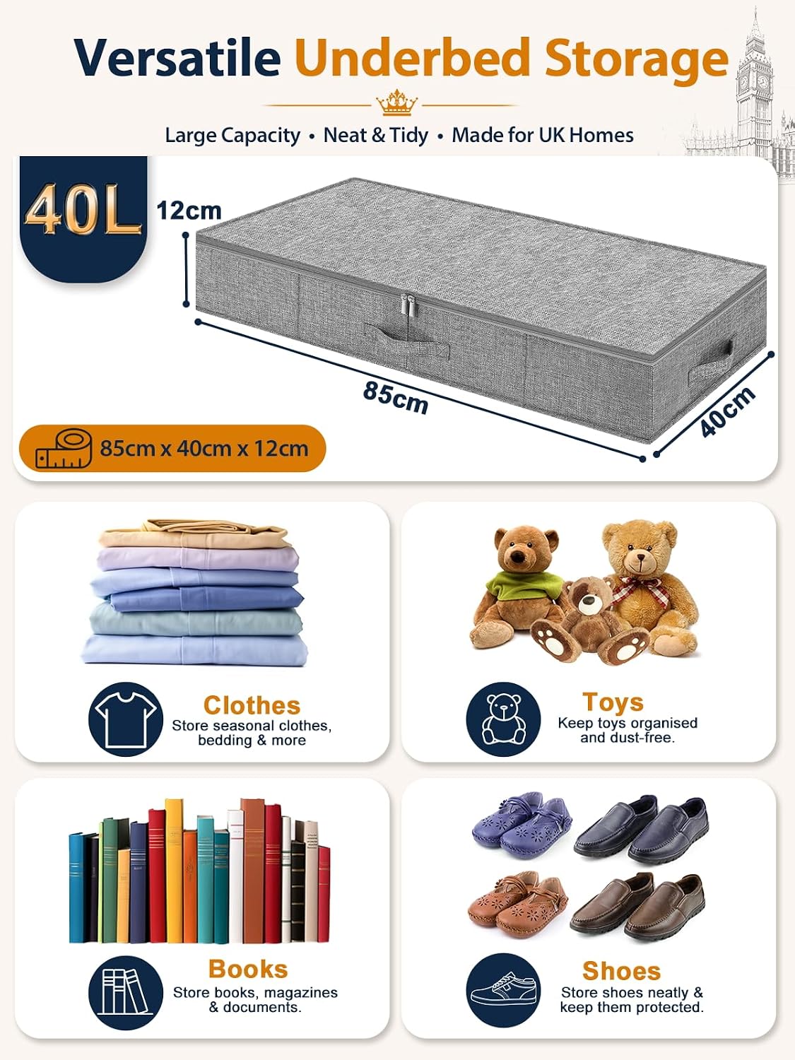 Thumbnail 2 de Huquter 40L Under-Bed & Sofa Storage Boxes (2 Pack) – 12cm Tall, Slim, with Zipped Lids