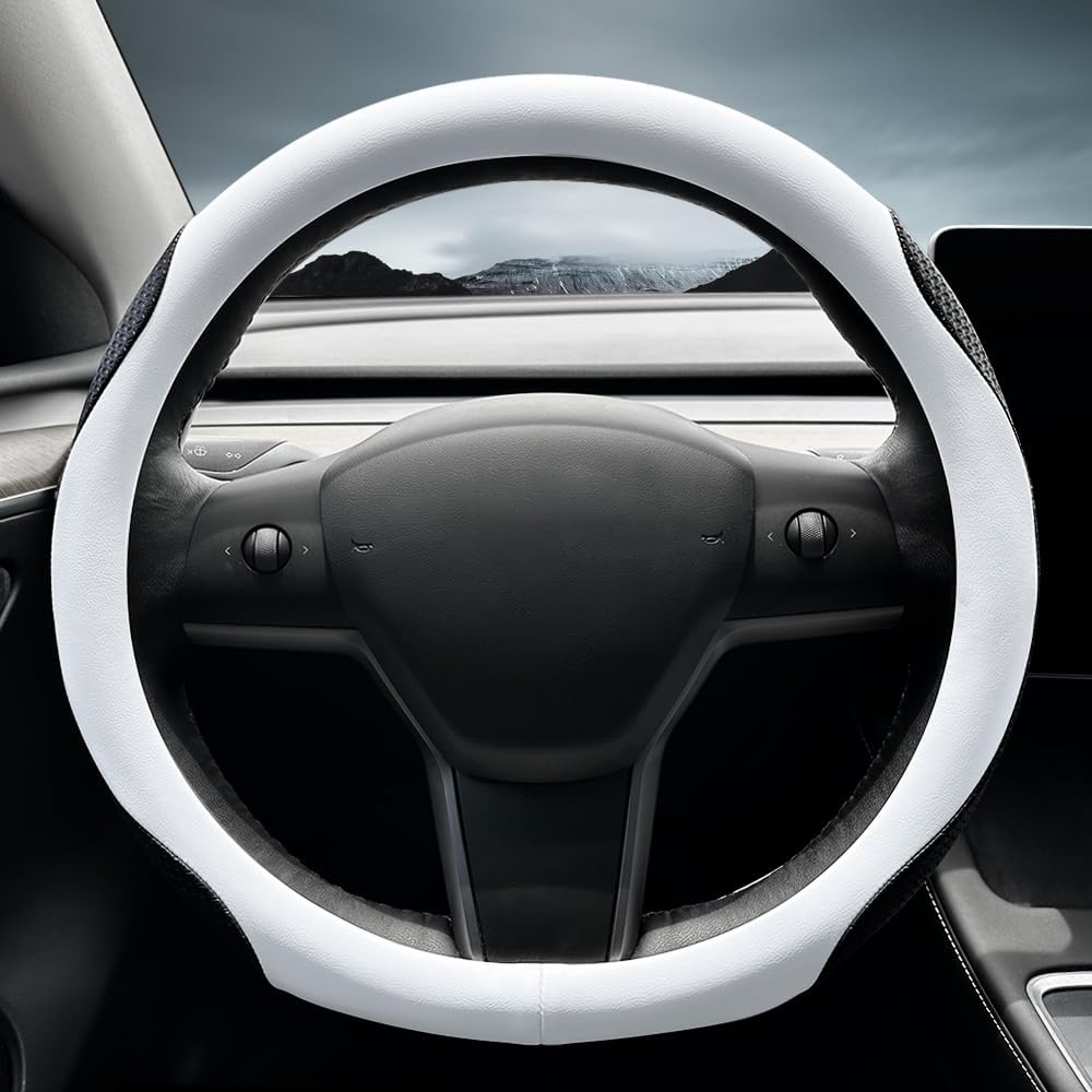 Detalle de LKWLIKEI pokrowiec na kierownicę do Tesli Model 3/Y, biały, skóra nappa