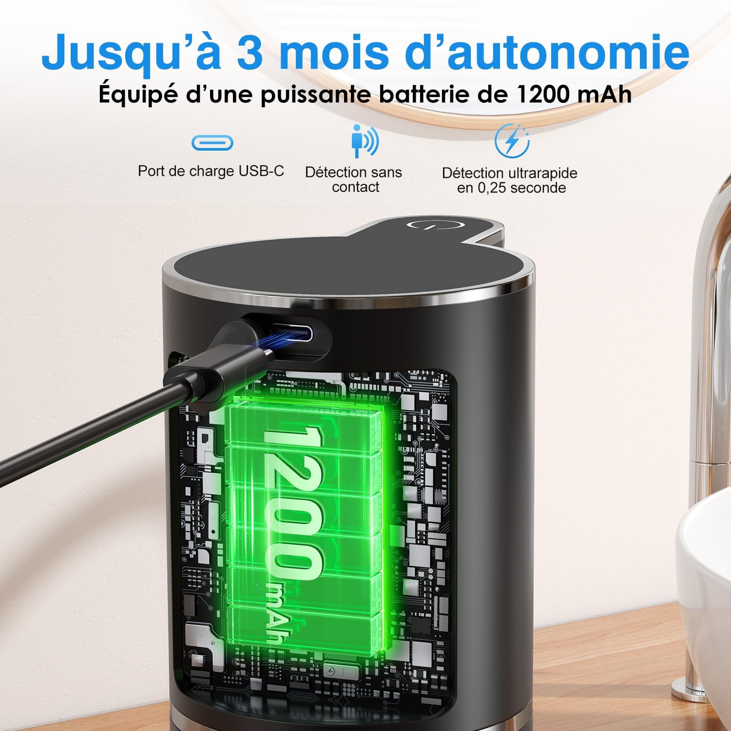 Detalle de Distributeur de Savon Automatique en Mousse, sans Contact, 380 ml, Montage Mural et USB, IPX5 – Noir