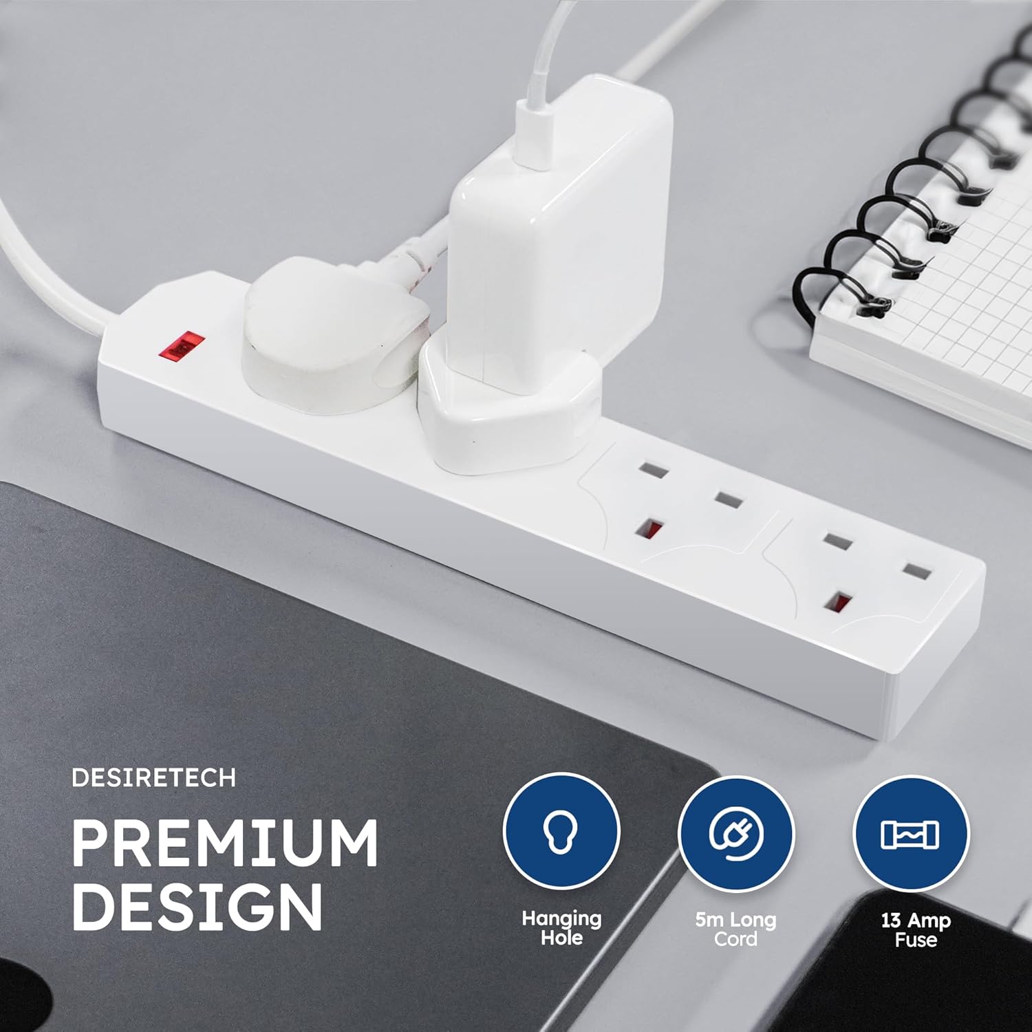 Thumbnail 2 de DESIRETECH White Electric Extension Lead 4-Gang, 5m (Wall-Mountable UK Plug, Surge Protection)