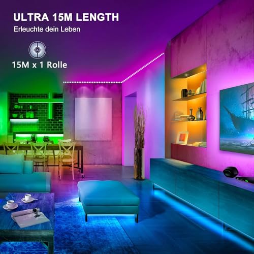 Detalle 2 de Mexllex Ruban LED 15M RGB – Bande LED Bluetooth, Télécommande IR et APP, éclairage décoratif performant