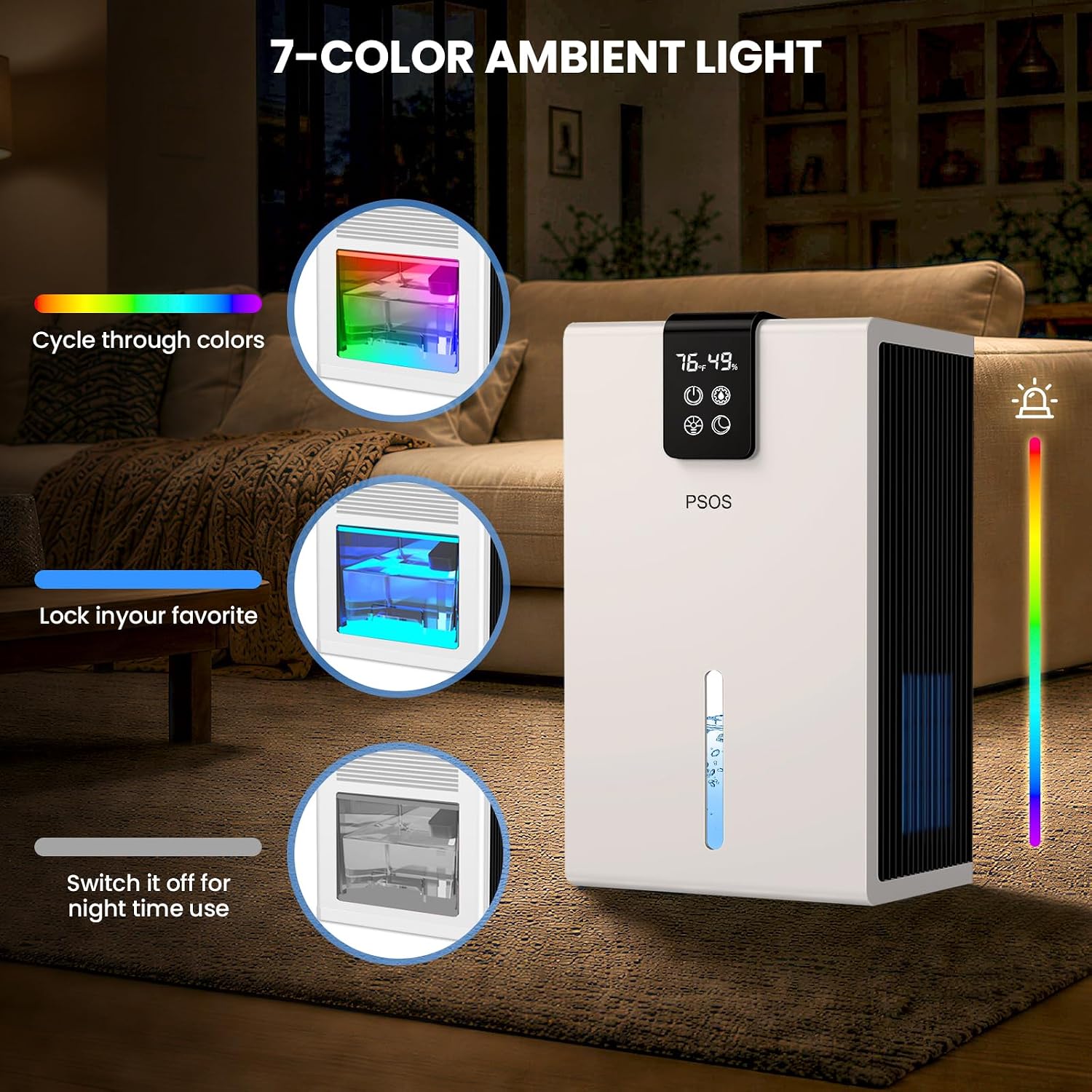 Detalle de PSOS PS-White Dehumidifier, 98-fl-oz Tank, Humidity Display and Sleep Mode