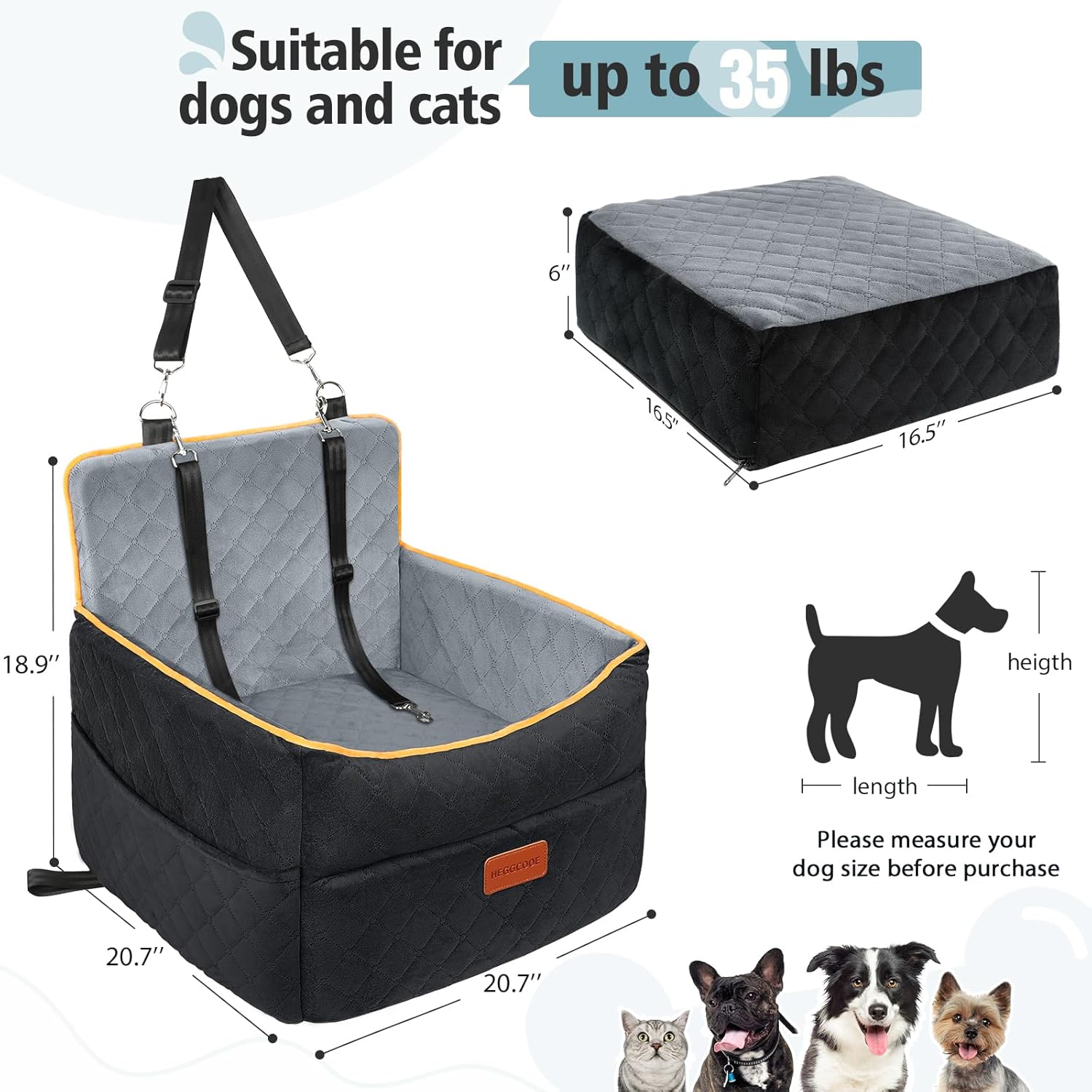 Detalle de HEGGCOOE Small Dog Car Seat with Memory Foam, 2 Safety Belts 🐶🎐