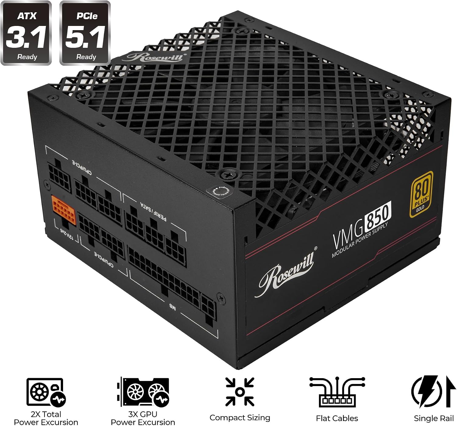 Detalle 2 de Rosewill VMG 850W 80+ Gold Full Modular ATX 3.0/3.1 PSU with PCIe 5.1 12V-2x6