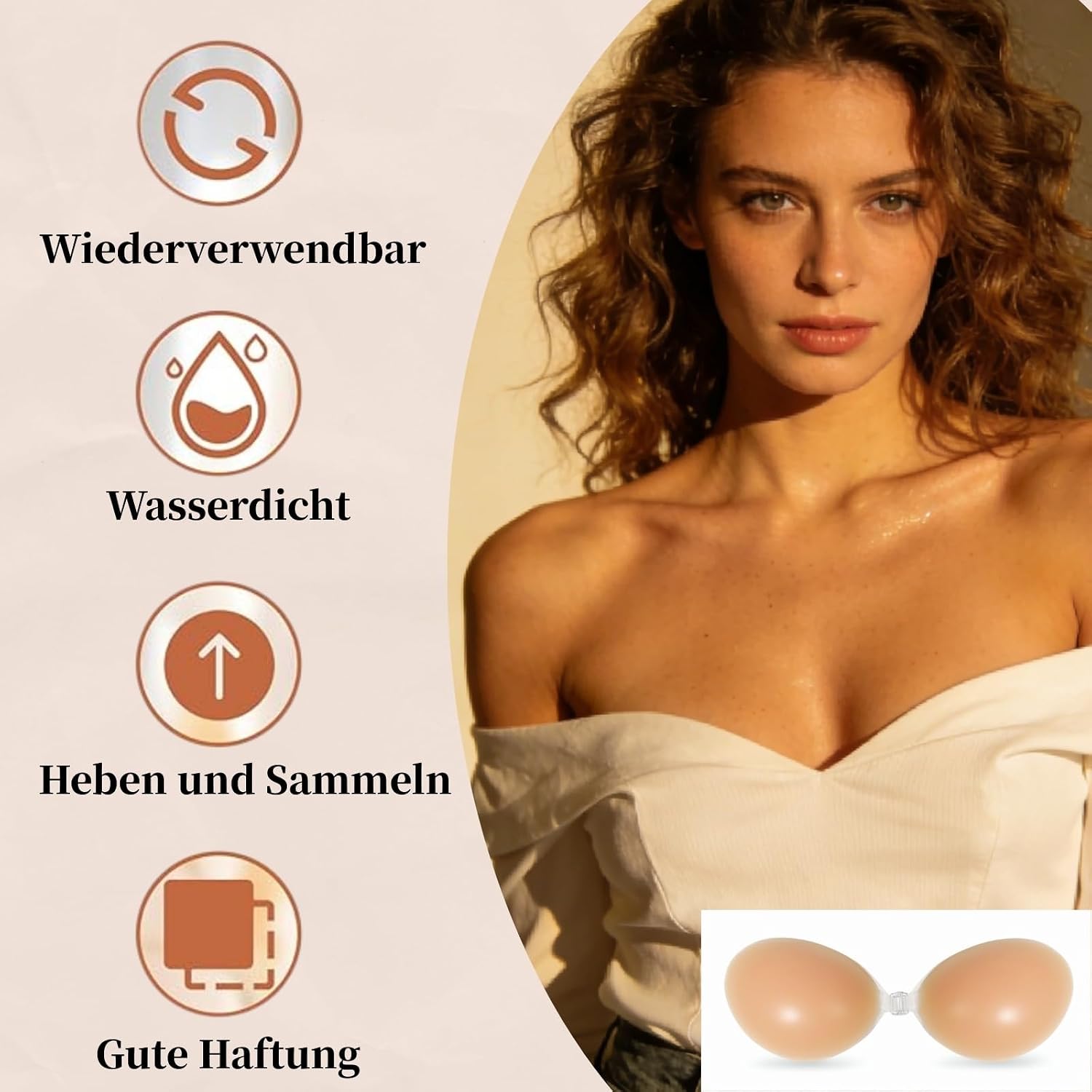 Detalle de Push Up Klebe BH mit Nippelpads – Rückenfrei, Trägerlos und Wiederverwendbar (2 St.)