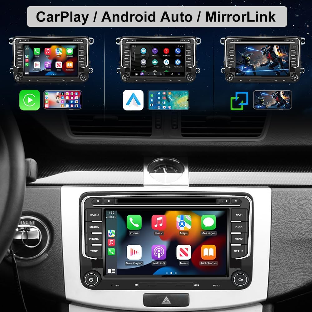 Detalle de Hexinex autoradio 2 DIN Android 7" 4G con CarPlay/Android Auto, 4+64GB e GPS per VW Golf 5/6, Polo, Passat e altri
