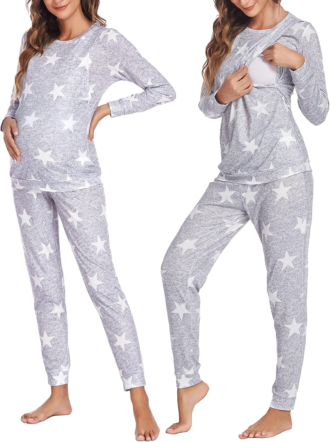 Detalle 2 de Ekouaer Maternity & Nursing Pajamas Set Striped Knit Long Johns – Top & Bottom, S-XL