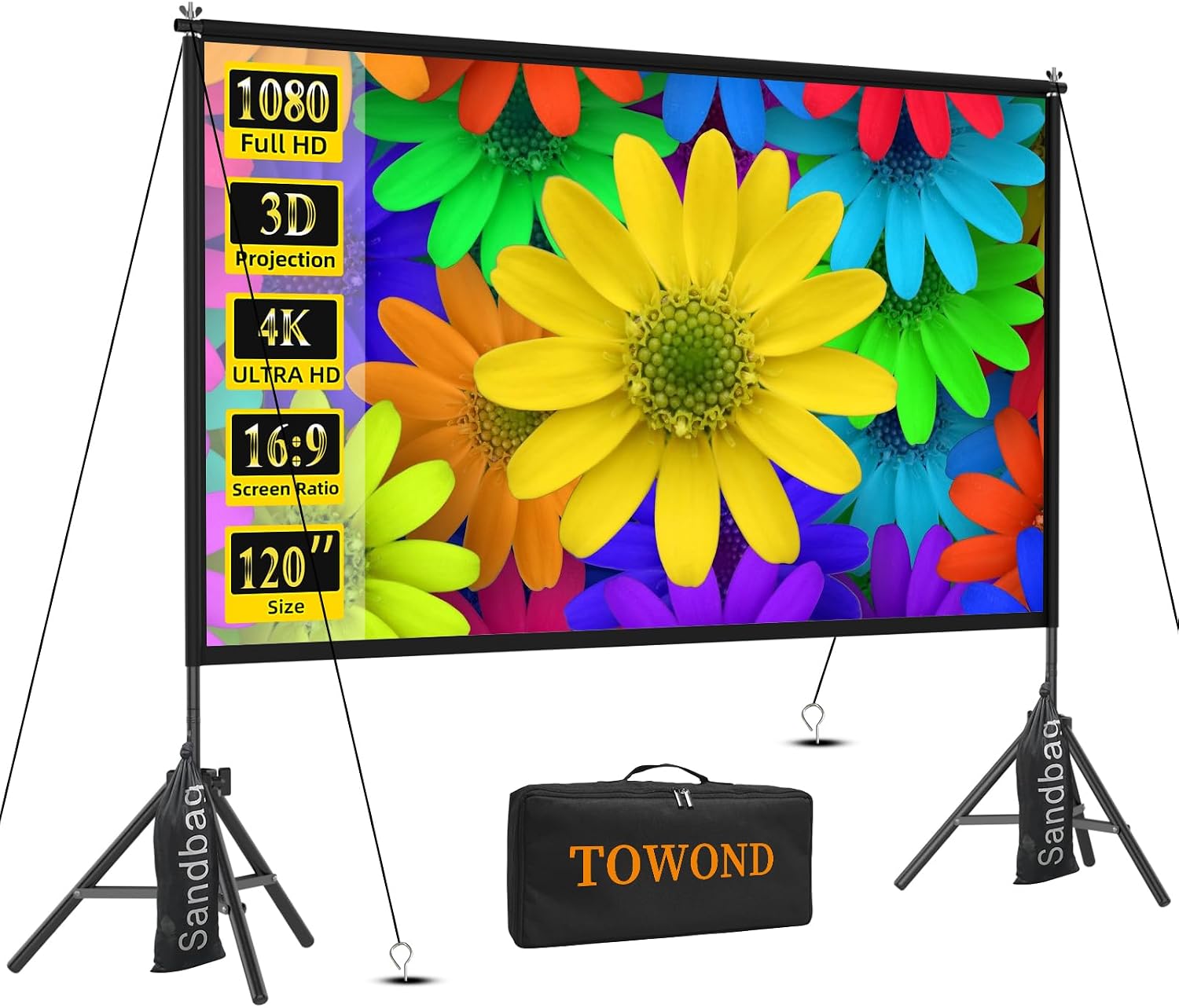 TOWOND Projector Screen with Stand (120-inch, 16:9) for Backyard Movie Nights
