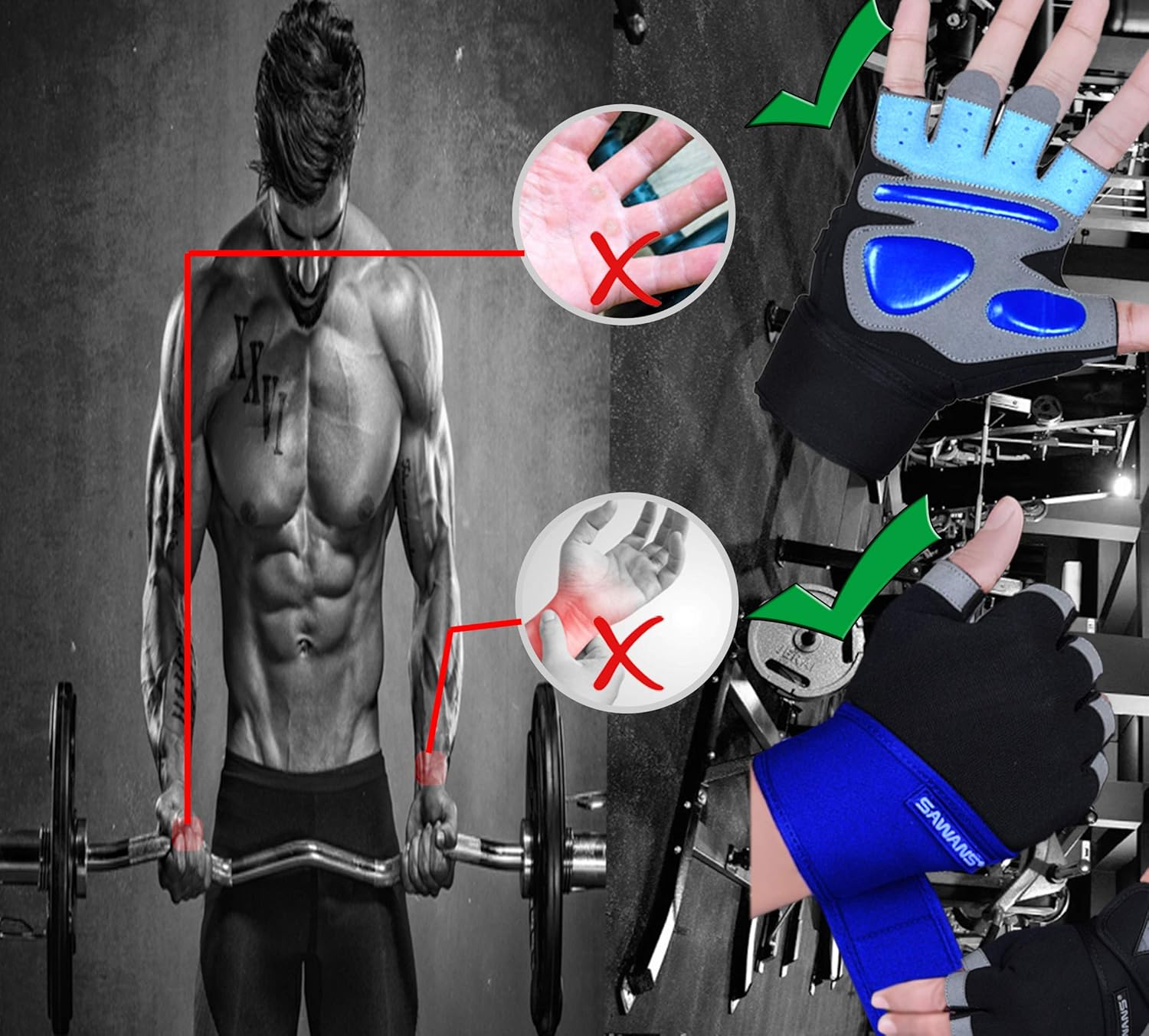 Thumbnail 3 de SAWANS Guantes de Gimnasio con Soporte de Muñeca