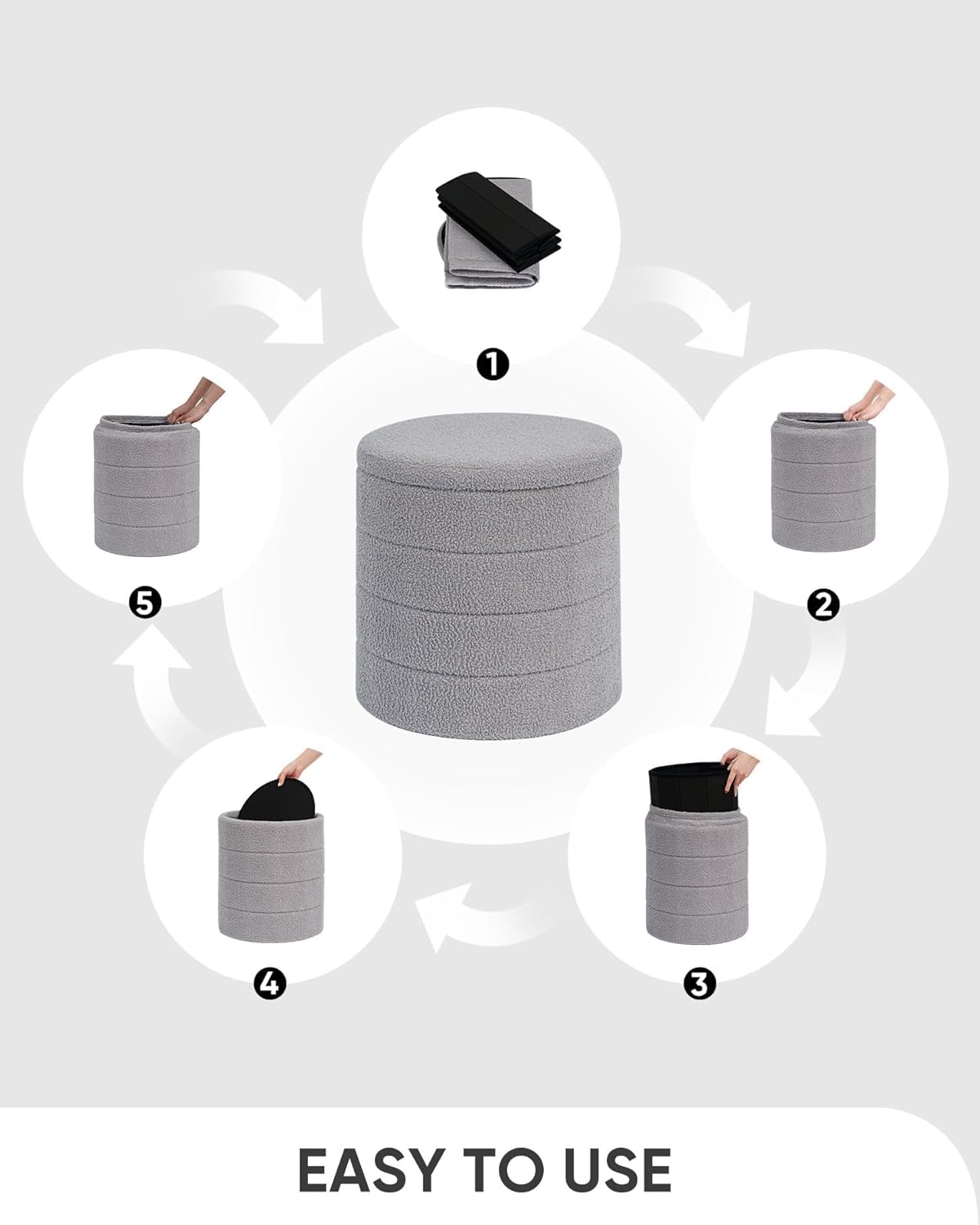 Thumbnail 6 de Bonlife Boucle Ottoman Storage Sherpa Footstool with Folding Storage, Grey (37x37x45 cm)