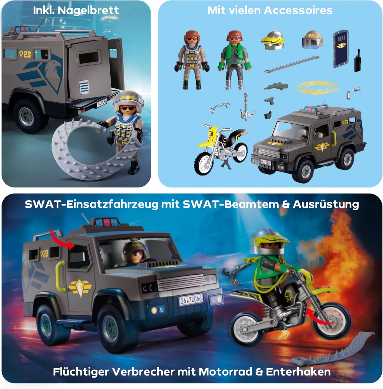 Thumbnail 3 de PLAYMOBIL City Action SWAT-Einsatzfahrzeug – Mit Polizist, Verbrecher-Motorrad und Nagelband (72066)