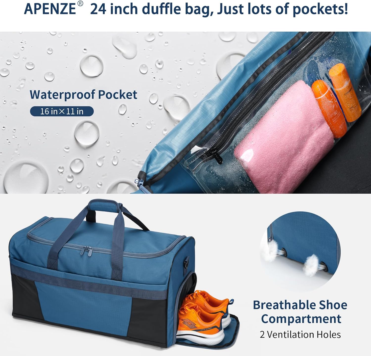 Detalle 2 de Apenze 65L Gym Bag with Wet/Dry Compartment and Shoe Sleeve – Royal Blue