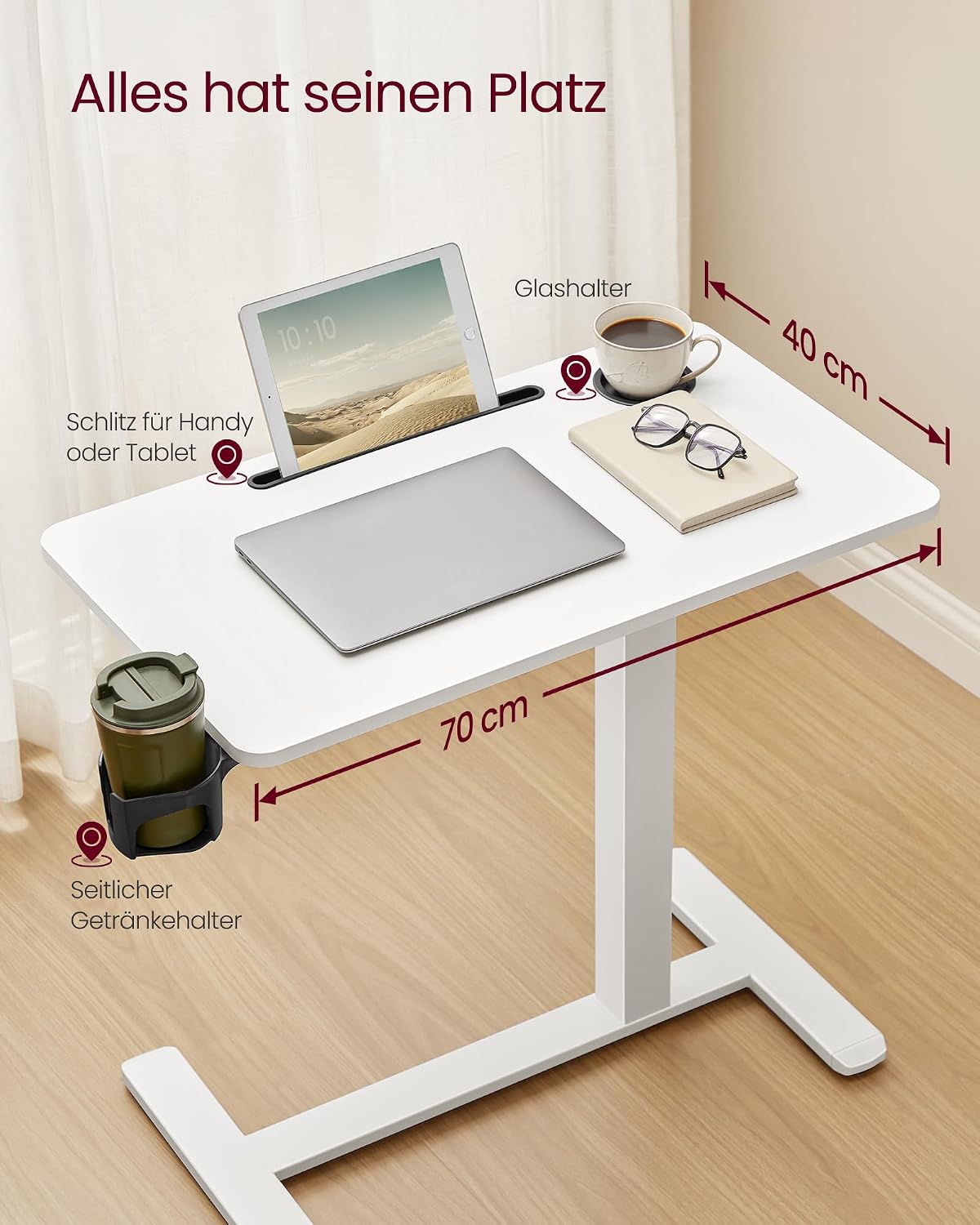 Detalle 2 de VASAGLE Beistelltisch mit Rollen LSD600W01 – mobiler Stehtisch, 70 × 40 cm, höhenverstellbar