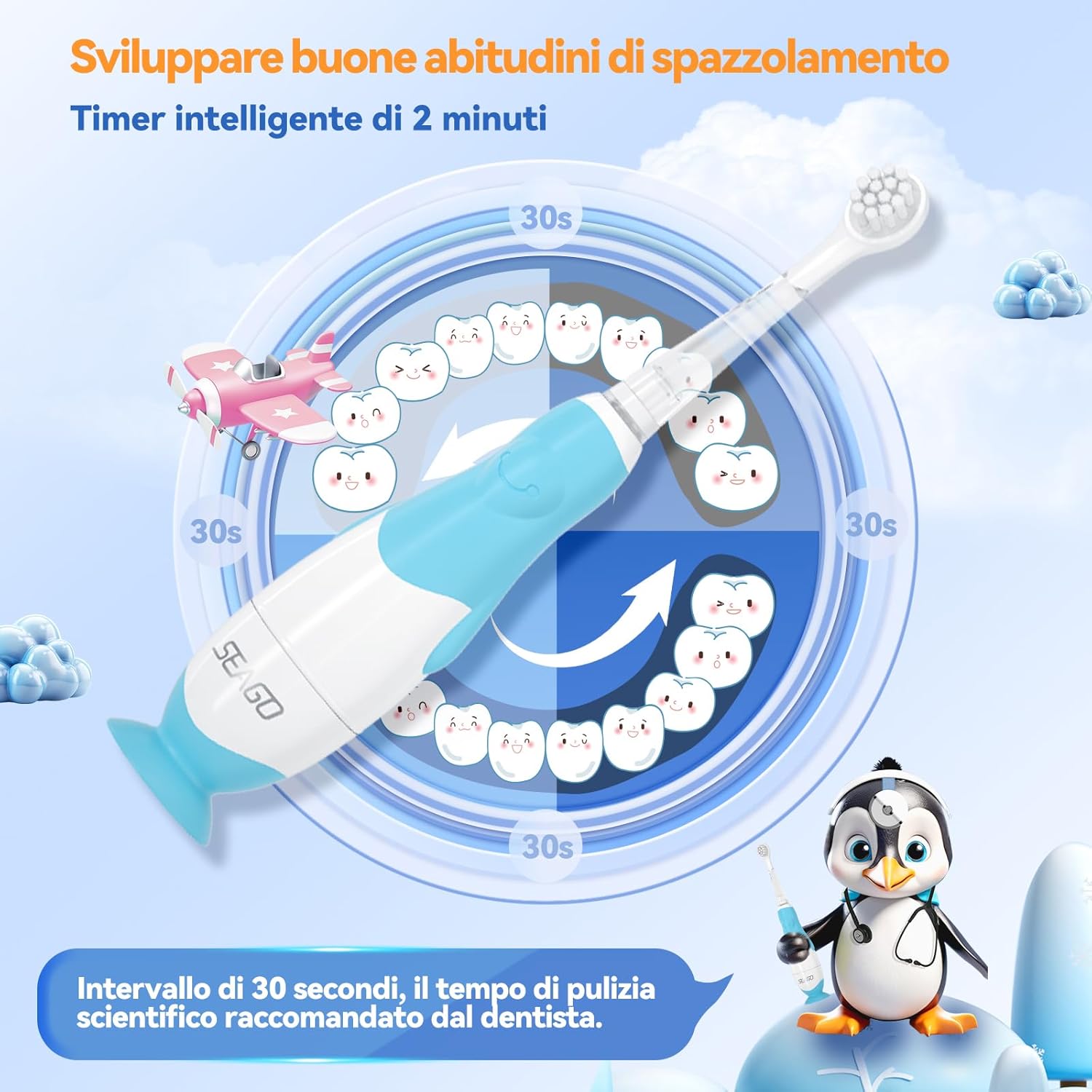 Thumbnail 1 de Spazzolino elettrico bambini 0-3 anni Penguin SG-513 blu con base a ventosa e 4 testine