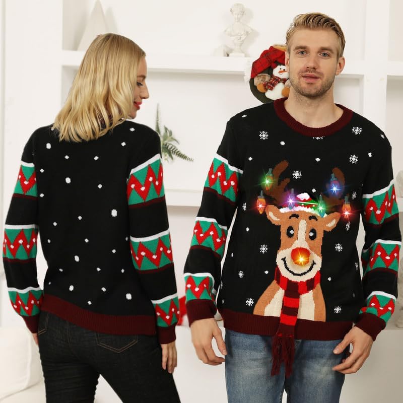Detalle de MDAI Ugly Christmas Sweater with LED Lights, Reindeer Pattern, 100% Acrylic